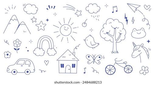 Kid cute doodle set. Cute sun, house, tree kid doodle sketch style vector. Hand drawn sun, car, rainbow elements. Funny children pen outline flower, bird, butterfly. Vector illustration.