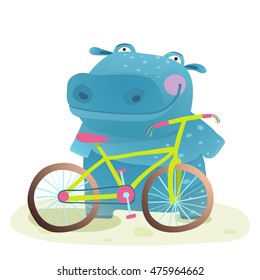 Kid Cute Hippo with Bicycle Childish Cartoon. Happy fun wild animal doing sport for children illustration. Vector drawing.