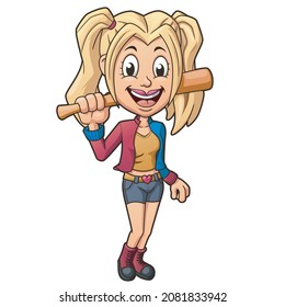 Kid with cute makeup, Posing and holding a baseball bat, Clip art Character. Vector Illustration