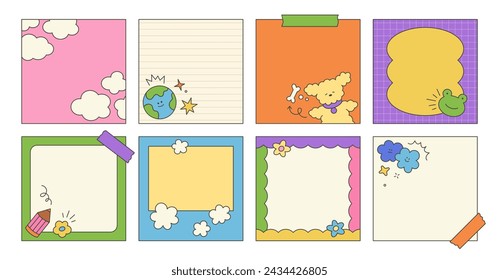 Láminas de cuaderno lindas para niños con elementos infantiles. Elementos simples del vector del garabato de la publicación de las redes sociales con perro, planeta, estrella, lápiz, nube, flor, marco, flecha, trazo. Plantilla de marco o post.