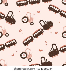 Kid cute seamless pattern with toy transport. For packaging, wrappers, textiles, wallpaper, office supplies. Vector