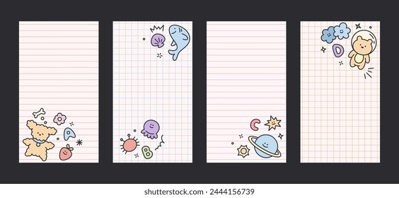 Kid cute story template of notebook sheets with childish elements. Simple scribble vector elements of social media stories with dog, planet, star, letter, cloud, bear, seashell, arrow, stroke