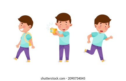 Kid daily activities set. Cute boy walking with backpack, photographing and running cartoon vector illustration