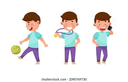 Kid daily activities set. Cute boy playing ball, taking part in competition and talking on phone cartoon vector illustration