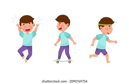 Kindertägliche Aktivitäten. Cute-Junge mit Spaß, Skateboard und Jogging-Cartoon, Vektorgrafik