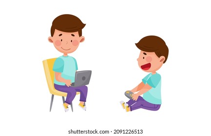 Kid daily activities set. Cute boy playing computer games cartoon vector illustration