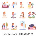 Kid daily routine. School or preschool children day schedule, sleep morning bathroom hygiene teeth washing education play bedtime, cartoon child life set classy vector illustration authors graphics