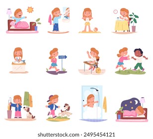 Kid daily routine. School or preschool children day schedule, sleep morning bathroom hygiene teeth washing education play bedtime, cartoon child life set classy vector illustration authors graphics