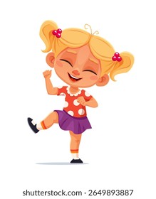 Garoto dançando e pulando em uma festa. Vetor personagem menina animada alegre com pigtails loiros, vestindo uma camisa de bolinhas vermelha e saia roxa, dança alegremente com um sorriso largo, irradia felicidade