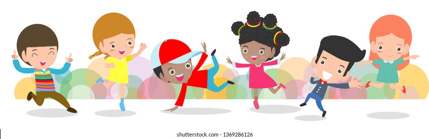 kid dancing together, Children dancing break dance. boys and girls dancer, Happy multiracial child jumping on background colorful isolated vector illustration