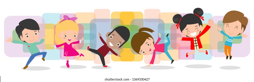 kid dancing together, Children dancing break dance. boys and girls dancer, Happy multiracial child jumping on background colorful isolated vector illustration