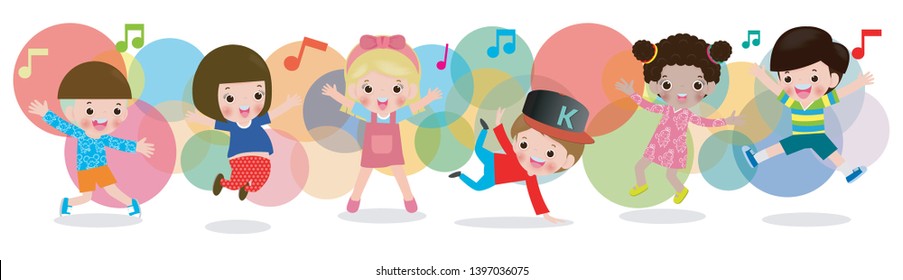 Kid Dancing Together, Children Dancing Break Dance. Boys And Girls Dancer, Happy Multiracial Child Jumping On Background Colorful Isolated Vector Illustration