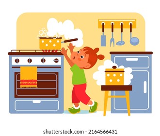 Kid danger. Child reaches for boiling water pot. Girl risks in kitchen. Baby unattended. Traumatic situation. Naughty child with hot pan. Little cooker accident. Splendid