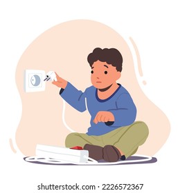Kid In A Dangerous Situation, Child Play With Electricity Turn on Plug in Socket. Risk At Home Prevention, Hazard Concept With Boys Character Stay Alone at Home. Cartoon Vector Illustration