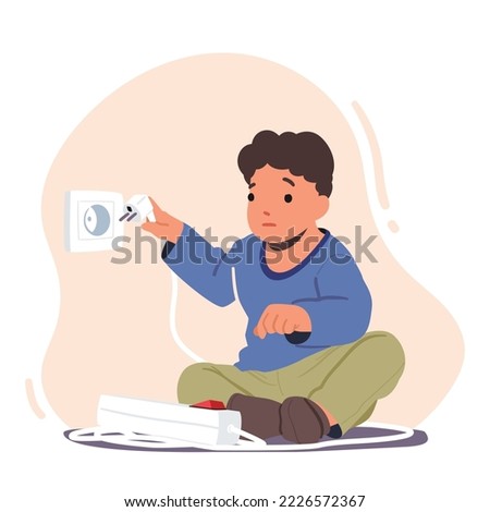 Kid In A Dangerous Situation, Child Play With Electricity Turn on Plug in Socket. Risk At Home Prevention, Hazard Concept With Boys Character Stay Alone at Home. Cartoon Vector Illustration