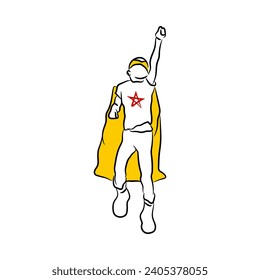 Kid daughter child playing super hero. Hand drawn line art drawing vector illustration