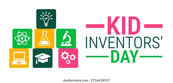 Kid Inventors’ Day background, banner, card or poster design template is observed every year during January, to raise awareness about the mission. Vector illustration.