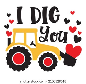 Kid Valentine’s Day cute construction tractor or bulldozer digging hearts vector illustration.