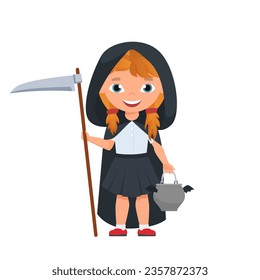 Kid death halloween costume. Trick or treat, spooky party costumation vector cartoon illustration