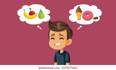 
Kid Deciding Between Sweets and Fruit Dessert Vector Cartoon Illustration. Funny little boy craving for something sweet 
