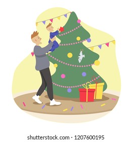 Kid decorates Christmas tree, dad holds baby in his arms, father and son, relationship, tenderness, moments of life, vector illustration