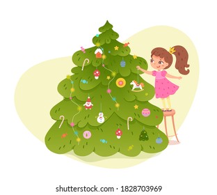 Kind, das auf Feiern Weihnachtsbaum schmückt. Hübsches, glückliches Kind mit Weihnachtskleid, Vektorgrafik. Lächelndes kleines Mädchen, das Spielzeug, Gartendekoration auf dem neuen Jahr Baum drinnen.