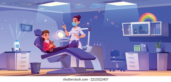 Kid at dentist clinic, little girl with toy sitting on couch at dental office for children. Doctor in medic robe and mask holding mirror for teeth and oral cavity checkup, Cartoon vector illustration