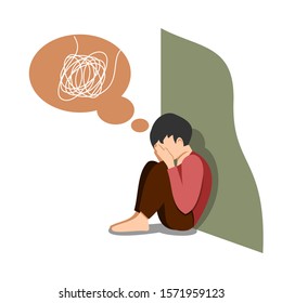 A kid in depression with bewildered thoughts in her mind. An unhappy little boy sat and covered his face with his palm. Depressed teenager. Flat illustration design.