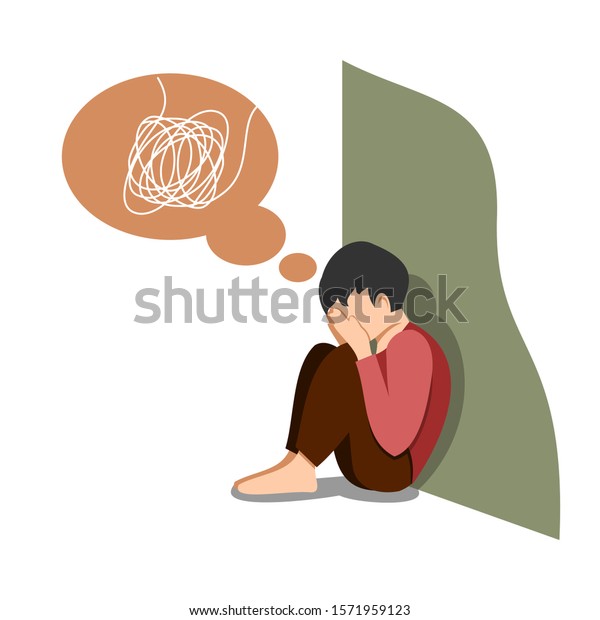 心に当惑の念を抱いた憂鬱な子ども 不幸な小さな男の子が座り 手のひらで顔を覆いました 落ち込んだ10代 フラットイラスト デザイン のベクター画像素材 ロイヤリティフリー