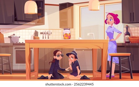 Kid detective hide under kitchen table from mother. Boy agent spy at home for secret with girl in sunglasses. Modern home interior for game environment. Children play in investigation in apartment