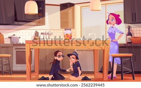 Kid detective hide under kitchen table from mother. Boy agent spy at home for secret with girl in sunglasses. Modern home interior for game environment. Children play in investigation in apartment