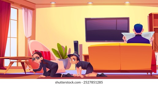 Kid Detective im Wohnzimmer. Kinder kriechen und spionieren zu Hause. Bruder und Schwester in Sonnenbrille Charakter Suche in Sicherheitsanzug zu untersuchen und Spiel zu spielen. Mann sitzt auf Couch Konzept Illustration.