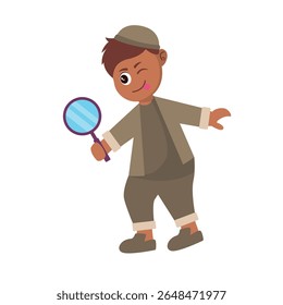 Kid detective pose children flat design cartoon illustration available for children book, story book, asset design, banner, web.