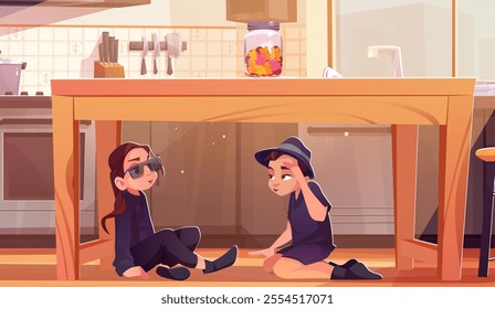 Kid detective spy under wood table in kitchen room for secret. Children talking on floor about security and investigation design. Brother and sister character hide near stove scene illustration