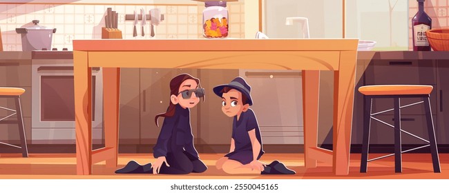 Kid detective under kitchen table sitting and spy for secret in house room. Children talking together on floor about investigation vector scene. Stool, stove and pot kitchenware design illustration