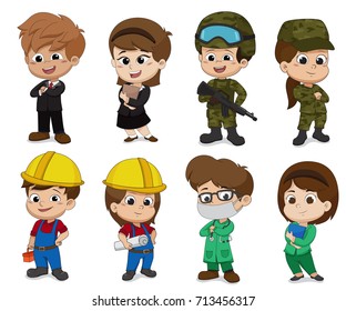 Kid of different professions.[Business,Soldier,Engineer,Doctor]