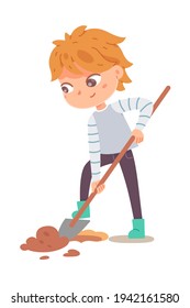 Kid digging with shovel in garden. Little happy boy standing with spade in hands and digging ground vector illustration. Child doing chores in agriculture, helping on white background.