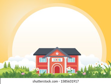 Kid Diploma background with school building and scenery natural landscape, suitable for book cover, certificate and other