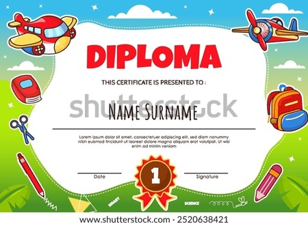 Kid Diploma Certificate Template. Fun Colorful Child Graduation Certificate.  
