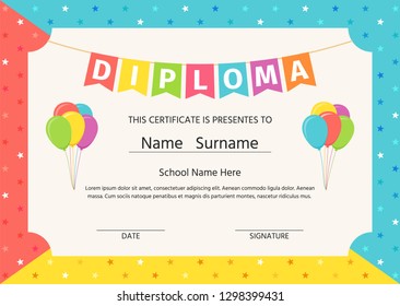 Kid diploma, certificate. Vector. Cute preschool, kindergarten, school graduate template. Graduation background. Layout design. Cartoon playful illustration. Winner blank with balloons, stars.