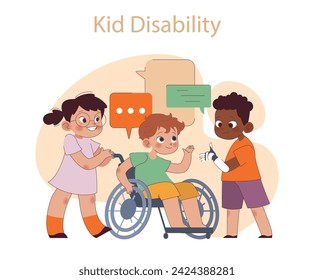 Kid Disability concept. Children with various abilities engaging in conversation, highlighting inclusivity and friendship. Unity in diversity, empowerment through acceptance.