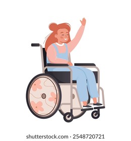 Criança desabilitada em cadeira de rodas vetor plano ilustração de desenho animado isolado no branco. Garota sorridente sentada em cadeira de rodas. Inclusão social de pessoas no conceito de cadeira de rodas. Crianças com deficiência física.