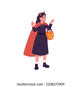 Kid disguised in Halloween party costume with cloak cape, teeth, fangs and devil horns. Vampire girl and holiday pumpkin lantern. Flat vector illustration of cosplay child isolated on white background