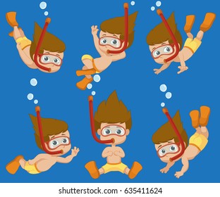 Kid diving under the ocean.Vector and illustration.