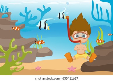 Kid diving under the ocean.Vector and illustration.