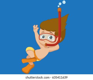 Kid diving under the ocean.Vector and illustration.