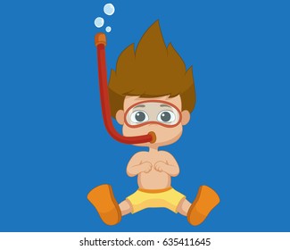 Kid diving under the ocean.Vector and illustration.