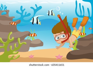 Kid diving under the ocean.Vector and illustration.