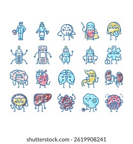 Kid Doctor Disease Treatment doodle icons set vector. Vitamins Drug Pill, Kid Doctor Examining Child Stomach Kidneys, Brain Lungs. Thermometer Patch Medical Accessories  sketch hand drawn