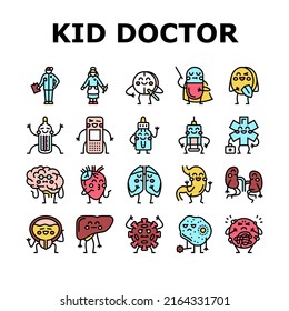 Kid Doctor Disease Treatment Icons Set Vector. Vitamins And Drug Pill, Kid Doctor Examining Child Stomach And Kidneys, Brain And Lungs. Thermometer And Patch Medical Accessories Color Illustrations